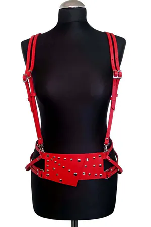 Red Faux Leather Studded Body Harness with Adjustable Straps Silver Buckles