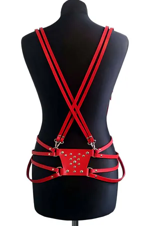 Red Faux Leather Studded Body Harness with Adjustable Straps Silver Buckles