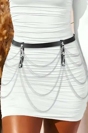 Siyah Suni Deri Bel Kuşağı Gümüş Zincir Detaylı