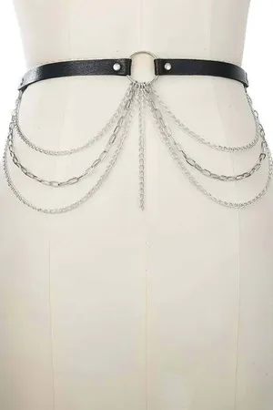 Black Faux Leather Waist Belt Harness Layered Silver Chains