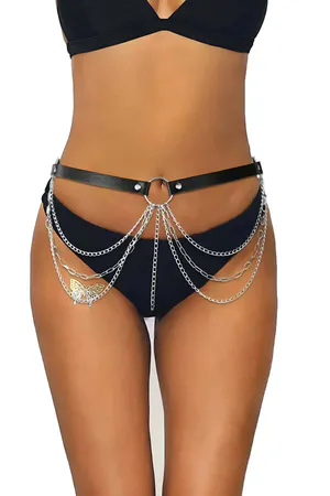 Black Faux Leather Waist Belt Harness Layered Silver Chains