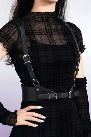 Black Faux Leather Body Harness Women Adjustable Chest Straps Dual Buckle Waistband