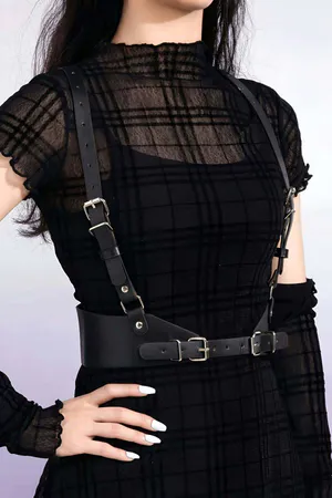 Black Faux Leather Body Harness Women Adjustable Chest Straps Dual Buckle Waistband