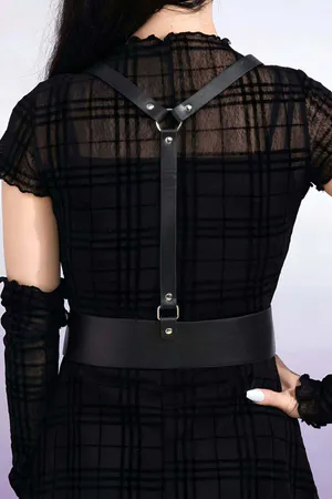 Black Faux Leather Body Harness Women Adjustable Chest Straps Dual Buckle Waistband