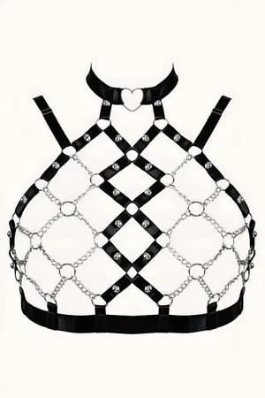 Black faux leather and chain body harness with heart choker detail