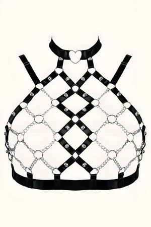 Black faux leather and chain body harness with heart choker detail