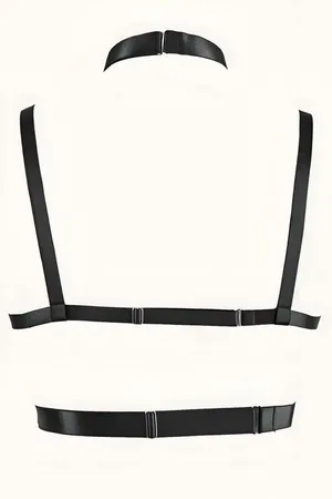 Black faux leather and chain body harness with heart choker detail
