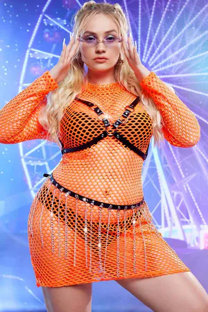 Adjustable Faux Leather Cage Harness Black with Silver Chain Belt over Orange Mesh Dress