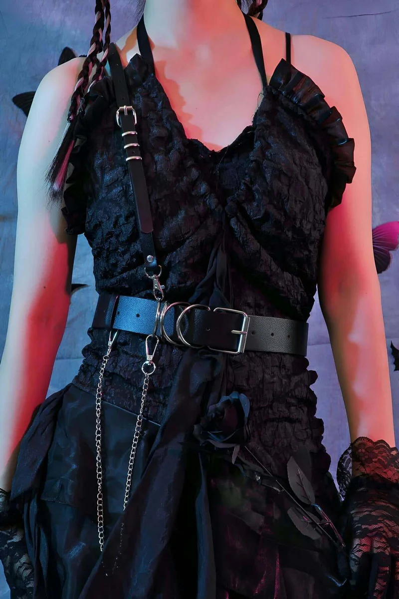 Black Faux Leather Harness Front Close-Up Silver Chain Detail