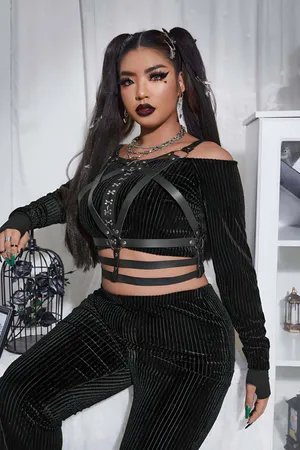 Black Faux Leather Strappy Body Harness with O-Ring