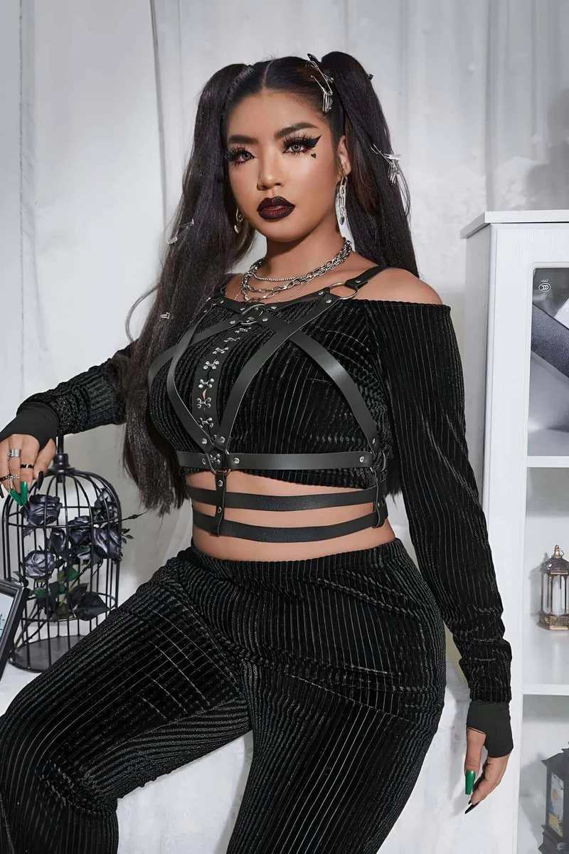 Black Faux Leather Strappy Body Harness with O-Ring