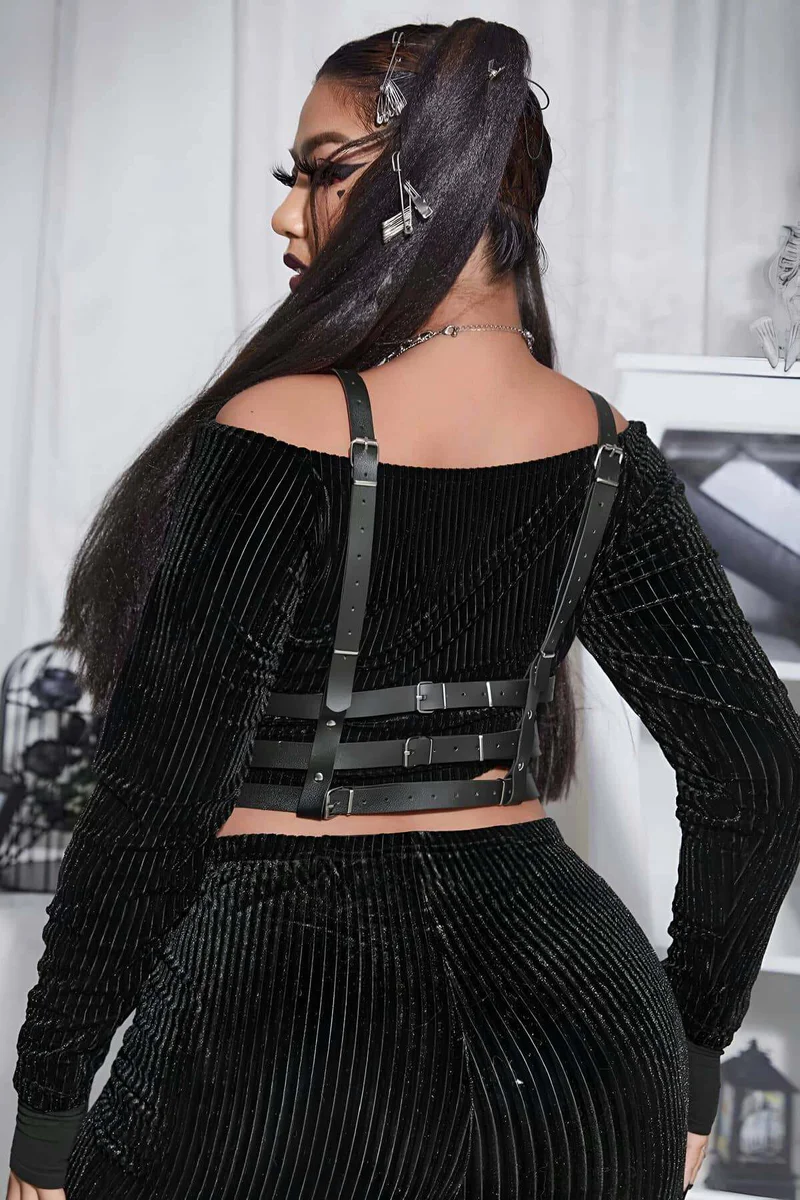 Adjustable black faux leather body harness with silver buckle details