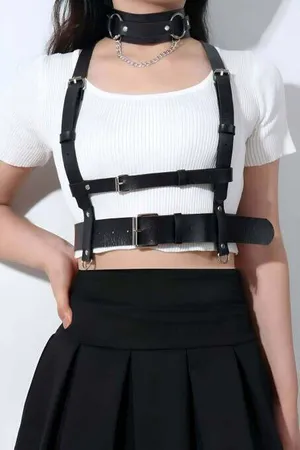 Black Faux Leather Chest Harness Women Adjustable Straps Central Buckle