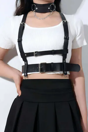Black Faux Leather Chest Harness Women Adjustable Straps Central Buckle