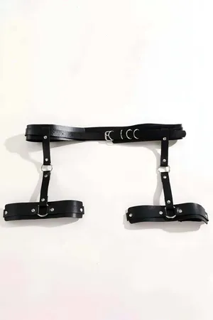 Black Faux Leather Garter Harness Women Adjustable Thigh and Waist Straps with D-Ring Hardware
