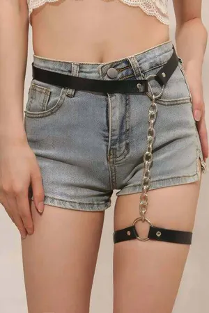 Black Faux Leather Garter Harness Belt with Silver Chain and O-Ring