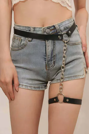Black Faux Leather Garter Harness Belt with Silver Chain and O-Ring