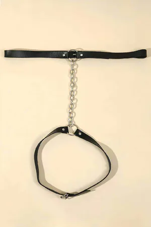 Black Faux Leather Garter Harness Belt with Silver Chain and O-Ring