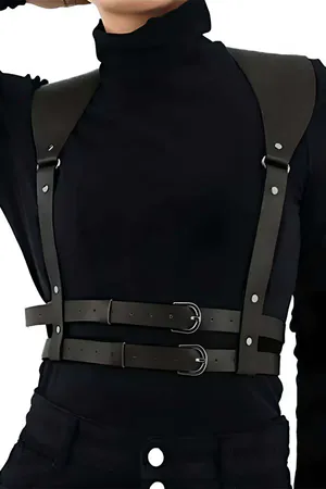 Black Faux Leather Double Buckle Chest Harness with Adjustable Straps