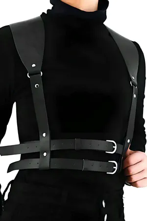 Black Faux Leather Double Buckle Chest Harness with Adjustable Straps