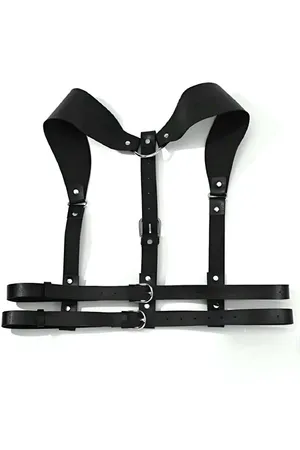 Black Faux Leather Double Buckle Chest Harness with Adjustable Straps