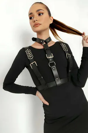Black Faux Leather Body Harness with Silver O-Ring and Adjustable Straps
