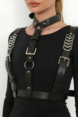 Black Faux Leather Body Harness with Silver O-Ring and Adjustable Straps