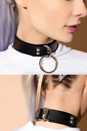 Black Faux Leather O-Ring Choker with Metal Studs