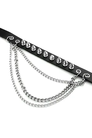 Black Faux Leather Spiked Choker with Layered Chain Detail