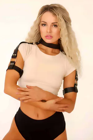 Black vegan leather adjustable arm and shoulder harness with choker