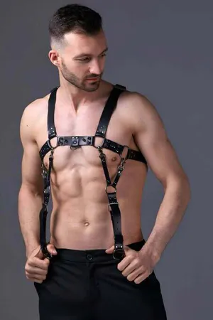 Black faux leather adjustable chest harness with O-ring hardware