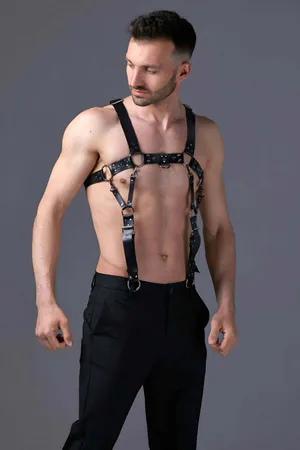 Black faux leather adjustable chest harness with O-ring hardware