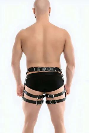 Black Studded Faux Leather Waist and Thigh Harness Set with O-Rings worn by men