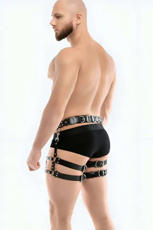 Black Studded Faux Leather Waist and Thigh Harness Set with O-Rings worn by men