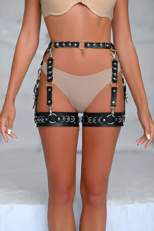 Black Faux Leather Adjustable Garter Harness Silver O-Rings
