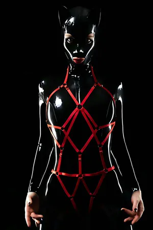 Red elastic body harness with cage style design and O-ring accents