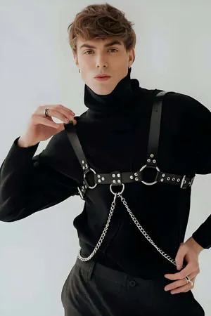 Black Faux Leather Multi O-Ring Body Harness Detachable Chain Front View
