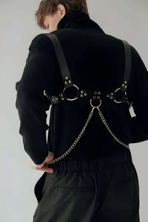 Black Faux Leather Multi O-Ring Body Harness Detachable Chain Front View