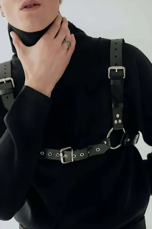 Black Faux Leather Multi O-Ring Body Harness Detachable Chain Front View