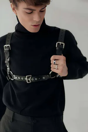 Black Faux Leather Multi O-Ring Body Harness Detachable Chain Front View
