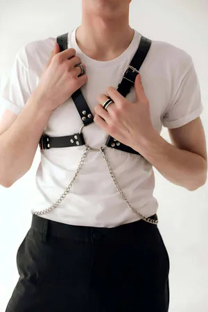 Black Faux Leather Chest Harness with Silver O-Ring and Chain
