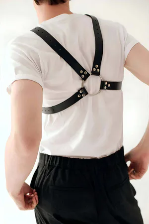 Black Faux Leather Chest Harness with Silver O-Ring and Chain