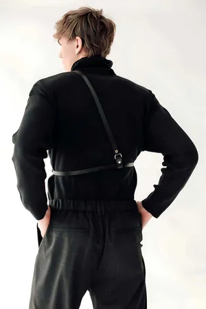 Black faux leather body harness with adjustable strap and O-ring