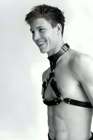 Black Vegan Leather Chest Harness with O-Rings and Arm Cuffs Set on model