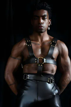 Black faux leather O-ring chest harness with adjustable straps and waist belt