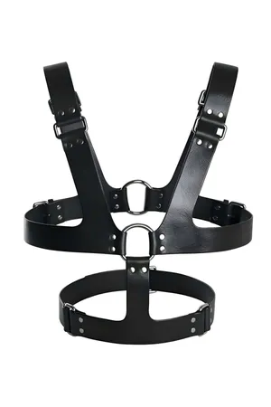 Black faux leather O-ring chest harness with adjustable straps and waist belt