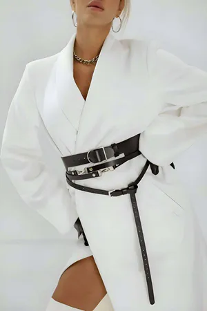 Black adjustable faux leather waist harness belt with silver buckle