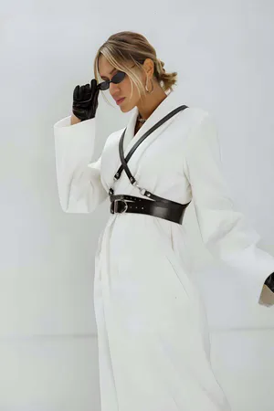 Black adjustable faux leather waist harness belt with silver buckle