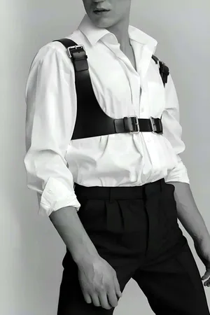 Black Faux Leather Underbust Harness Silver Buckles White Shirt