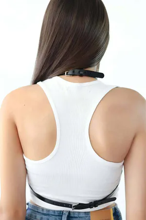 Black faux leather adjustable body harness with O-ring and D-ring hardware